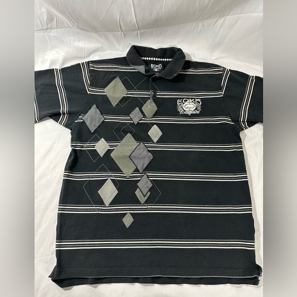 2000s ECKO EMBROIDERED POLO LARGE BLACK RHOMBUS STRIPED - Picture 2 of 15